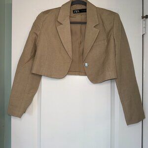 ZARA Cropped Linen Blend Blazer Beige Size S